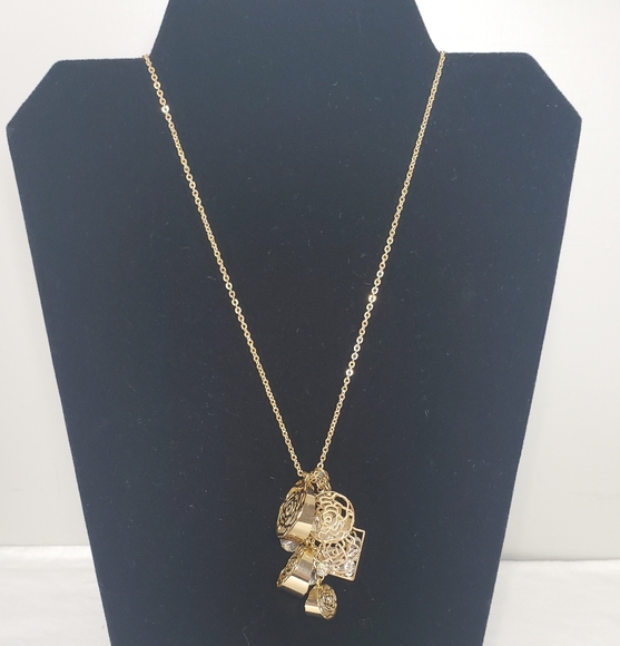 C1946 Long Gold Tone Cluster Charm Necklace - Picture 1 of 12